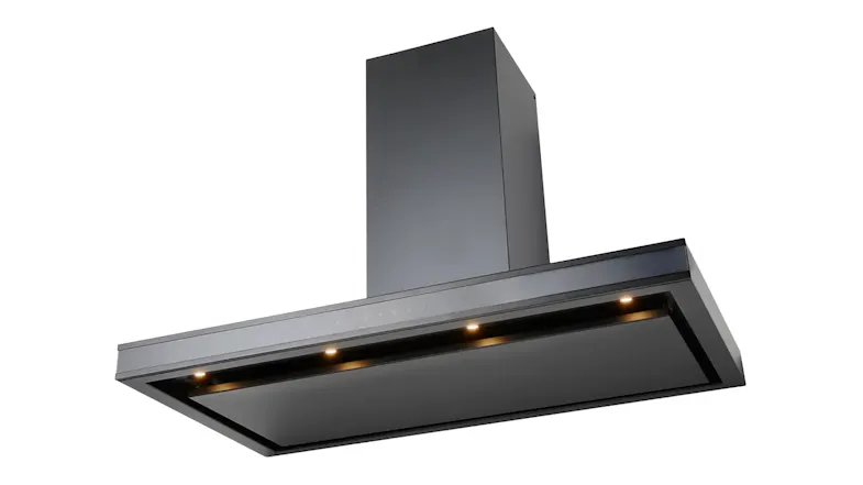Angled view of the wall-mounted kitchen rangehood with built-in lights and touch controls Angled view of the wall-mounted kitchen rangehood with built-in lights and touch controls