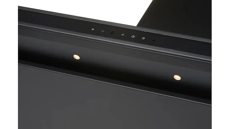Close-up of a 90cm rangehood with touch controls and built-in warm LED lighting Close-up of a 90cm rangehood with touch controls and built-in warm LED lighting