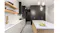Stylish kitchen with marble island, black built-in cabinets, pendant lighting, and white surfaces Stylish kitchen with marble island, black built-in cabinets, pendant lighting, and white surfaces