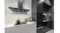 Elegant modern kitchen detail with cooktop, black rangehood lights, and textured white tile backsplash Elegant modern kitchen detail with cooktop, black rangehood lights, and textured white tile backsplash