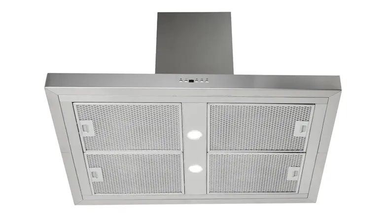 Stainless steel rangehood underside with four mesh filters, two lights, and control buttons on the front panel Stainless steel rangehood underside with four mesh filters, two lights, and control buttons on the front panel