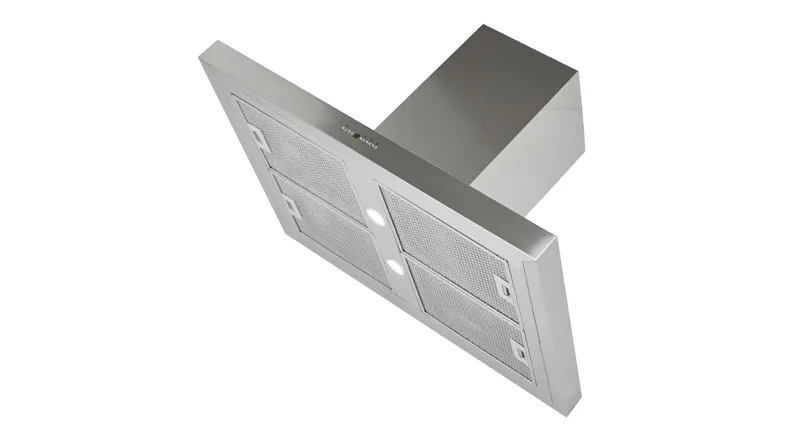 Wall-mounted stainless steel exhaust hood with mesh filters, lighting, and centre control buttons Wall-mounted stainless steel exhaust hood with mesh filters, lighting, and centre control buttons