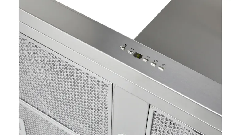 Close-up of stainless steel rangehood controls with buttons and mesh grease filters Close-up of stainless steel rangehood controls with buttons and mesh grease filters