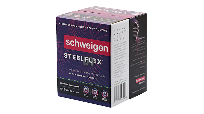 Schweigen SteelFlex ducting packaging box in purple design with branding, 150mm diameter and 4m length specifications Schweigen SteelFlex ducting packaging box in purple design with branding, 150mm diameter and 4m length specifications