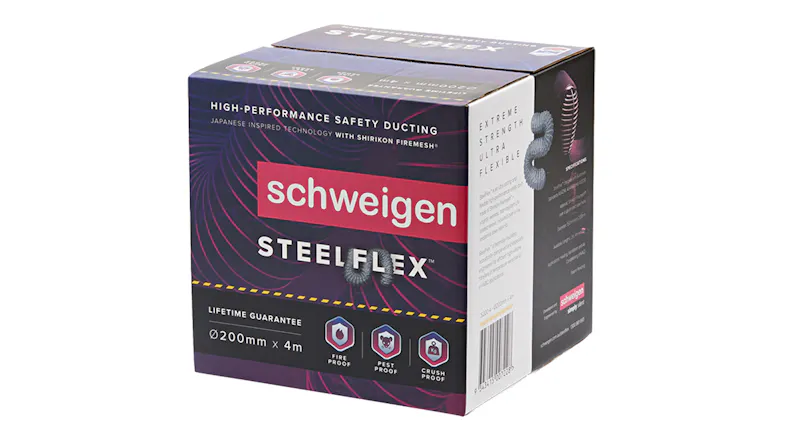Schweigen SteelFlex ducting packaging in purple design, 200mm diameter and 4m length with branded safety icons displayed Schweigen SteelFlex ducting packaging in purple design, 200mm diameter and 4m length with branded safety icons displayed