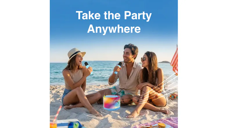 Friends on a sunny beach showcasing the portable singing setup Friends on a sunny beach showcasing the portable singing setup