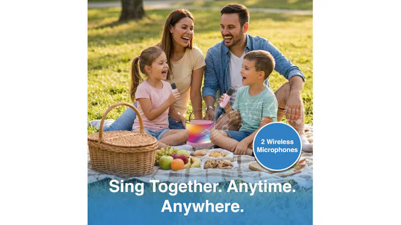 A family picnic scene featuring the speaker and dual wireless mics A family picnic scene featuring the speaker and dual wireless mics