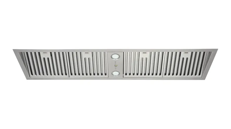Stainless steel Schweigen 120cm Silent Undermount rangehood with a single external motor, dual lights, vent slats, and a central control panel Stainless steel Schweigen 120cm Silent Undermount rangehood with a single external motor, dual lights, vent slats, and a central control panel