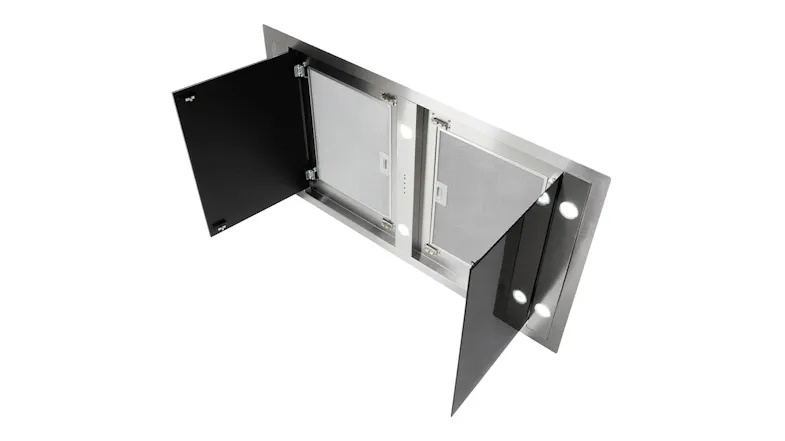 Ceiling cassette rangehood with both black glass panels opened, revealing dual internal grease filters Ceiling cassette rangehood with both black glass panels opened, revealing dual internal grease filters