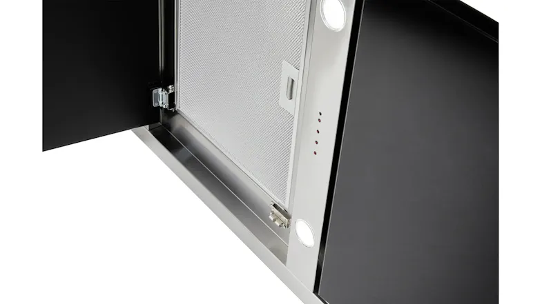 Angled interior view showing a grease filter, hinge mechanism, and LED lighting within the stainless steel frame Angled interior view showing a grease filter, hinge mechanism, and LED lighting within the stainless steel frame