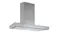 A right-angled view of a stainless-steel wall-mounted rangehood with a square chimney, slim canopy, push controls and integrated underside panels A right-angled view of a stainless-steel wall-mounted rangehood with a square chimney, slim canopy, push controls and integrated underside panels