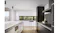 Modern white and black kitchen with island bench and Schweigen 90cm wall-mounted rangehood above cooktop near window Modern white and black kitchen with island bench and Schweigen 90cm wall-mounted rangehood above cooktop near window