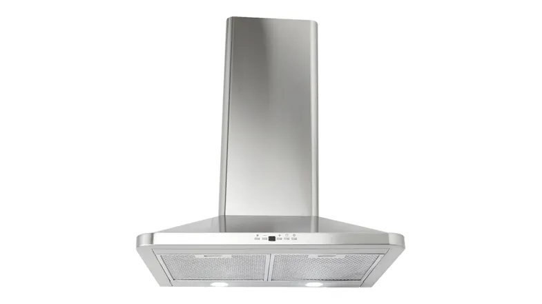Stainless steel wall-mounted rangehood with chimney, underside filters, and control panel Stainless steel wall-mounted rangehood with chimney, underside filters, and control panel