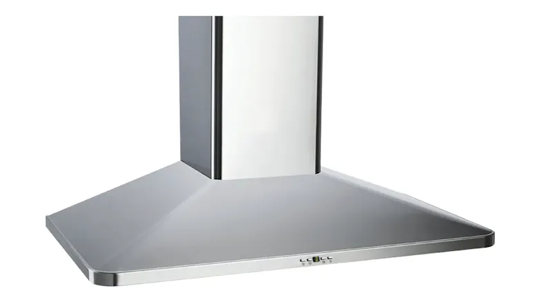 Close-up view of the rangehood base with chimney and front control panel Close-up view of the rangehood base with chimney and front control panel