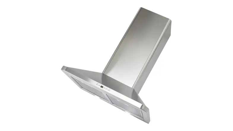 Angled view of a stainless steel wall-mounted rangehood with chimney, control panel, and dual mesh filters Angled view of a stainless steel wall-mounted rangehood with chimney, control panel, and dual mesh filters