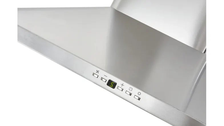 Detailed view of a stainless steel rangehood control panel with buttons and a digital display Detailed view of a stainless steel rangehood control panel with buttons and a digital display