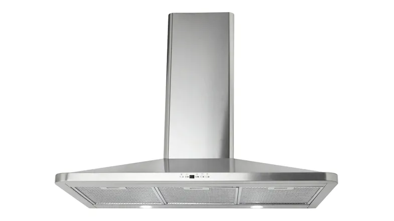 A front view of a stainless-steel wall-mounted rangehood with a wide canopy, mesh filters, LED lights and chimney flue A front view of a stainless-steel wall-mounted rangehood with a wide canopy, mesh filters, LED lights and chimney flue