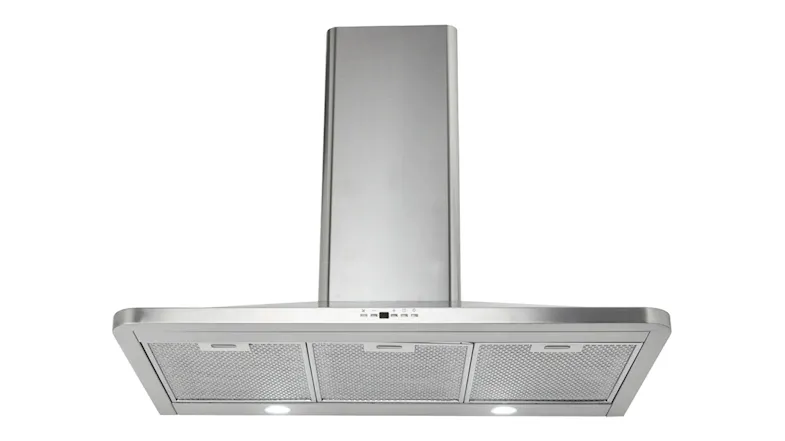 Angled front view of the stainless-steel rangehood showing mesh filters, LED lighting, slim canopy and central control panel Angled front view of the stainless-steel rangehood showing mesh filters, LED lighting, slim canopy and central control panel