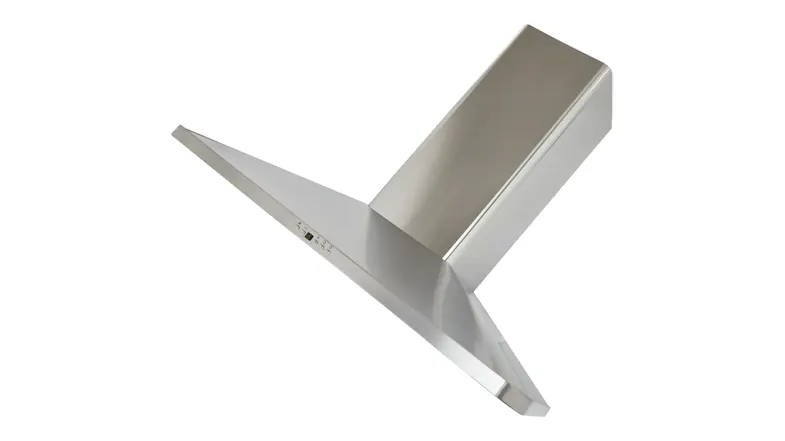 A top angled view of a stainless-steel rangehood, highlighting chimney, sleek canopy design and built-in control interface panel A top angled view of a stainless-steel rangehood, highlighting chimney, sleek canopy design and built-in control interface panel