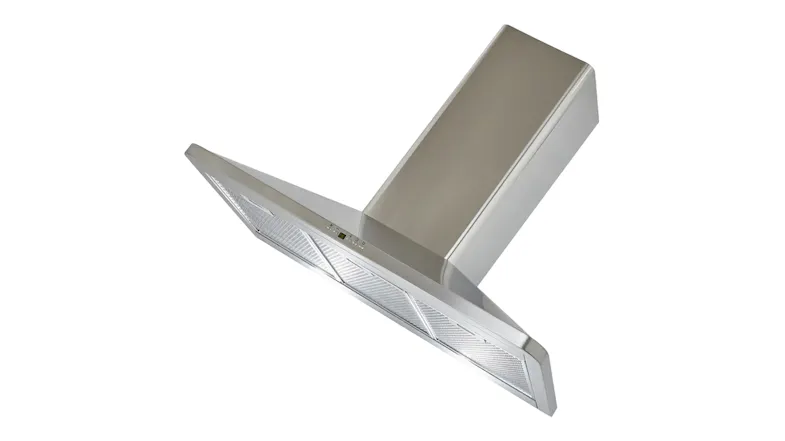 An angled underside view of a stainless-steel rangehood showing mesh filters, LED lights, a slim canopy and a chimney design An angled underside view of a stainless-steel rangehood showing mesh filters, LED lights, a slim canopy and a chimney design