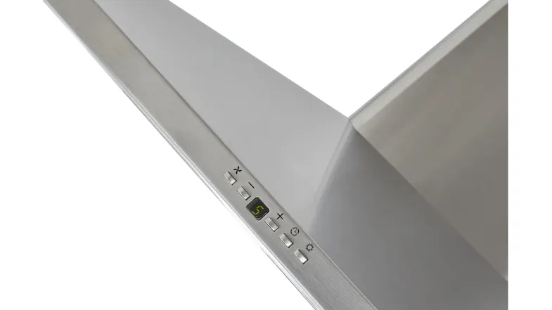 A close-up of the rangehood control panel with buttons, LED display and fan speed settings on a slim canopy A close-up of the rangehood control panel with buttons, LED display and fan speed settings on a slim canopy