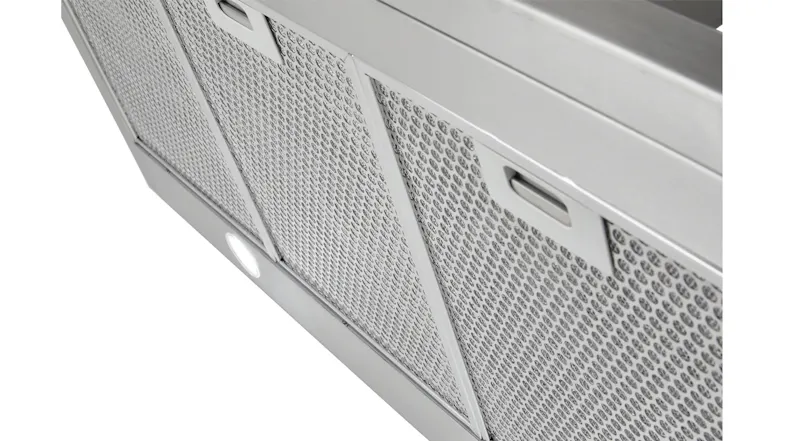 Detailed close-up of a rangehood mesh filter with integrated LED lighting, showing the underside of the rangehood canopy design Detailed close-up of a rangehood mesh filter with integrated LED lighting, showing the underside of the rangehood canopy design