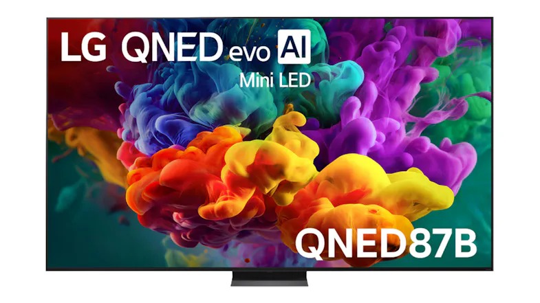 Front view of the LG 100-inch QNED87 Smart 4K TV displaying vibrant multicoloured ink-like visuals Front view of the LG 100-inch QNED87 Smart 4K TV displaying vibrant multicoloured ink-like visuals