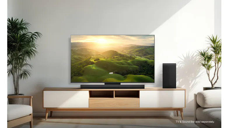 A clean product lifestyle shot of the LG TV centred on a light wood and white entertainment console A clean product lifestyle shot of the LG TV centred on a light wood and white entertainment console