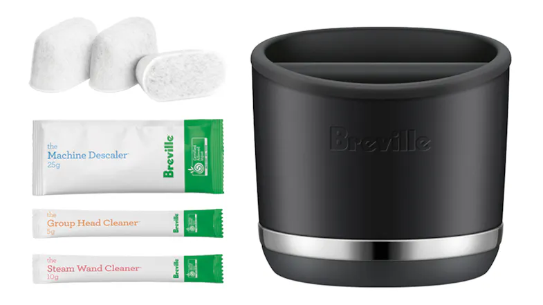 Breville Espresso Starter Pack with a black knock box, water filters, and cleaning packets Breville Espresso Starter Pack with a black knock box, water filters, and cleaning packets