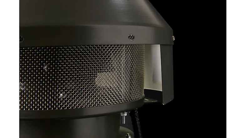 Detailed view of a roof vent cap showing a mesh grille, screws, and the edges of the metal housing Detailed view of a roof vent cap showing a mesh grille, screws, and the edges of the metal housing
