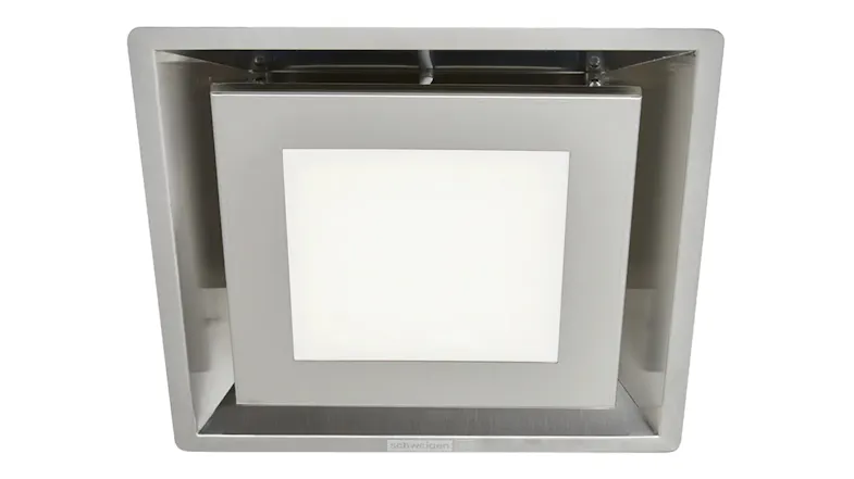 Close-up of Schweigen Paradigma ceiling cassette rangehood module, stainless steel finish with clean square panel design Close-up of Schweigen Paradigma ceiling cassette rangehood module, stainless steel finish with clean square panel design