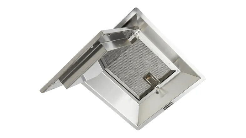 Paradigma ceiling cassette rangehood in stainless steel with panel open, showing filter and internal design Paradigma ceiling cassette rangehood in stainless steel with panel open, showing filter and internal design