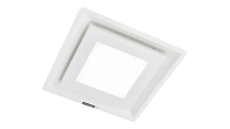 Schweigen Paradigma ceiling cassette rangehood module in stainless steel, flush mount design with a clean geometric finish Schweigen Paradigma ceiling cassette rangehood module in stainless steel, flush mount design with a clean geometric finish