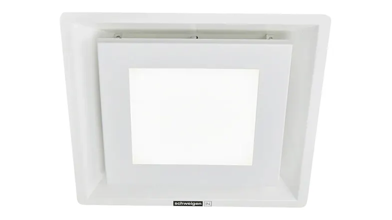 Front view of the Schweigen Paradigma ceiling cassette rangehood in stainless steel, minimalist square panel design Front view of the Schweigen Paradigma ceiling cassette rangehood in stainless steel, minimalist square panel design