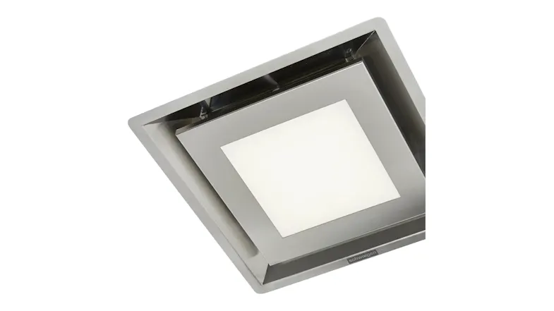 A close-up of the Schweigen Paradigma ceiling cassette rangehood module in stainless steel with a sleek square flush mount design A close-up of the Schweigen Paradigma ceiling cassette rangehood module in stainless steel with a sleek square flush mount design