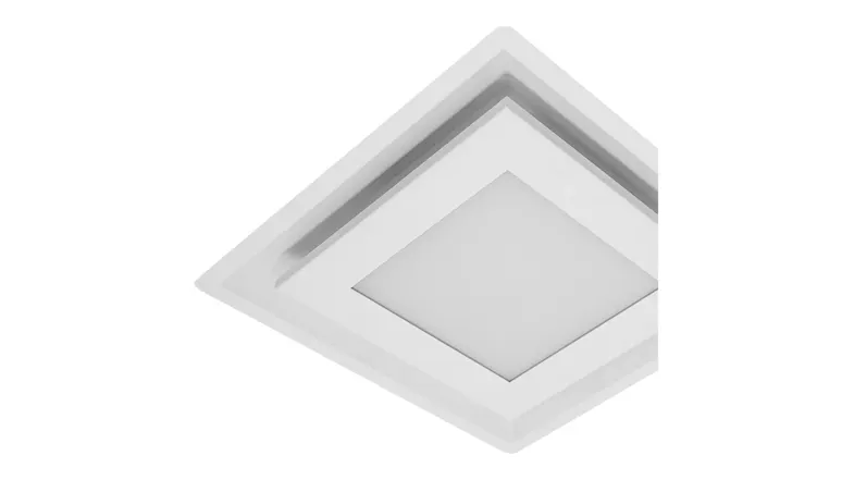 Close-up of a modern square ceiling rangehood with a white frame and an LED panel Close-up of a modern square ceiling rangehood with a white frame and an LED panel