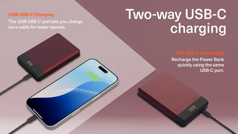 Infographic showing two-way USB-C charging with a power bank wired to a phone and another recharging via cable Infographic showing two-way USB-C charging with a power bank wired to a phone and another recharging via cable