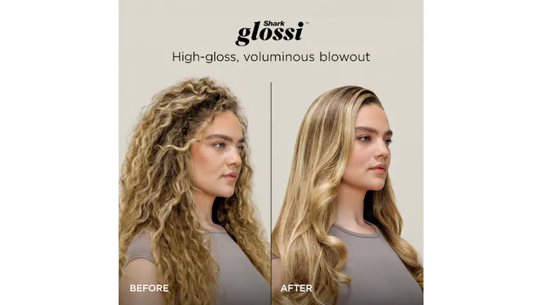 Before-and-after comparison labelled “High-gloss, voluminous blowout” Before-and-after comparison labelled “High-gloss, voluminous blowout”