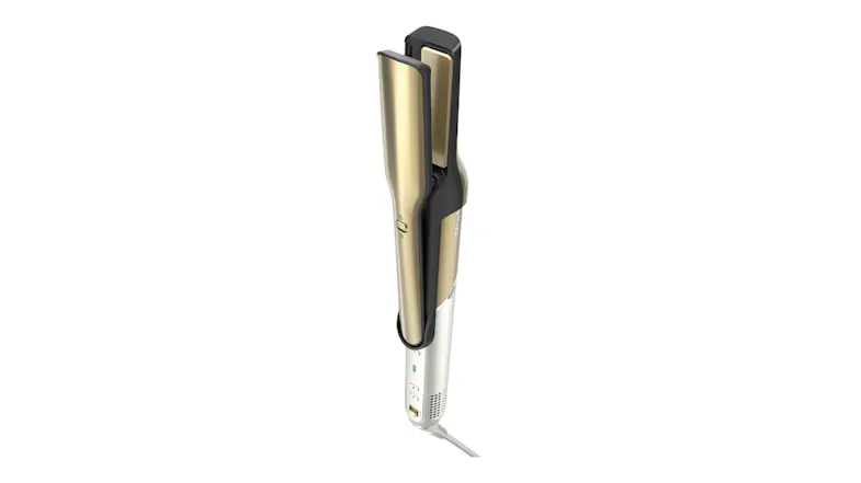 Shark Glam air styling tool in soft gold and silver, shown upright with flat iron attachment closed Shark Glam air styling tool in soft gold and silver, shown upright with flat iron attachment closed