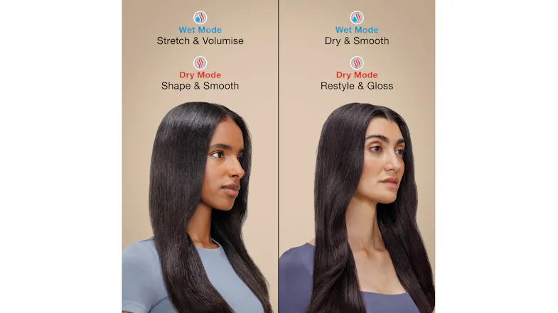 Split demonstration of the Shark Glossi used on damp hair (wet mode) and dry hair (dry mode) Split demonstration of the Shark Glossi used on damp hair (wet mode) and dry hair (dry mode)