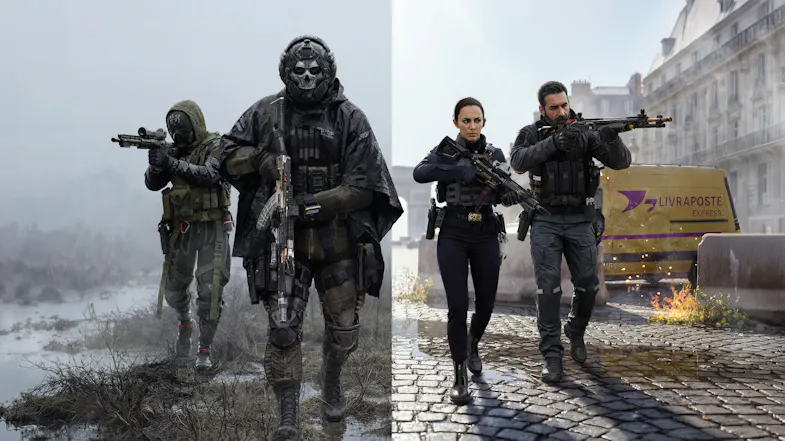 Split screen showing Ghost and an ally in a swamp, and two elite operatives on a European street Split screen showing Ghost and an ally in a swamp, and two elite operatives on a European street