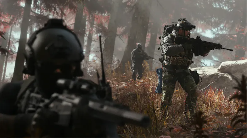 Modern Warfare 4 squad moving carefully through a misty autumnal forest with rifles drawn Modern Warfare 4 squad moving carefully through a misty autumnal forest with rifles drawn
