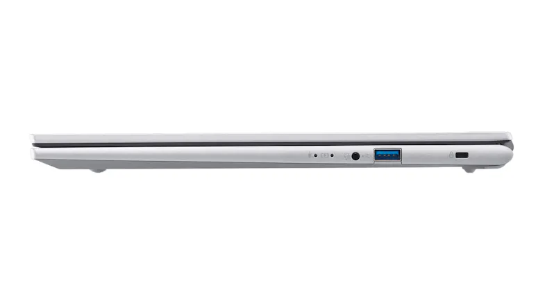 Profile view of the right side of a closed silver Acer Laptop, showing a USB port and audio jack Profile view of the right side of a closed silver Acer Laptop, showing a USB port and audio jack