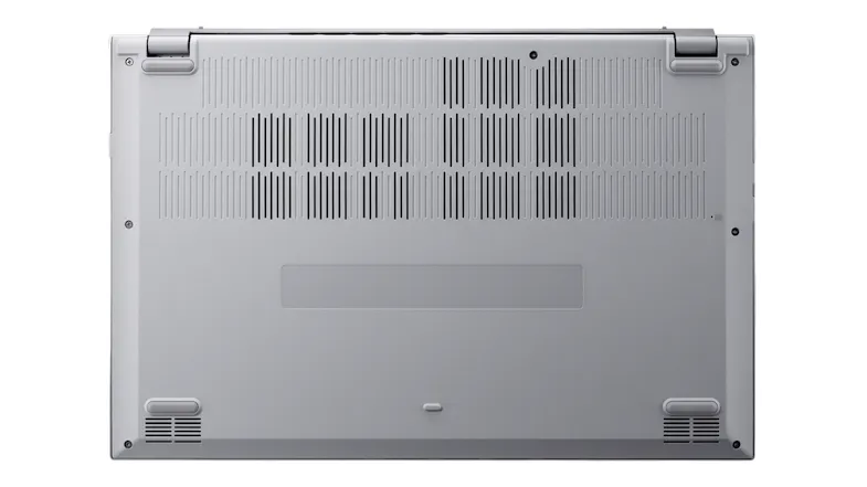 Bottom view of a silver Aspire Go laptop, showing cooling vents, rubber feet, and speaker grills Bottom view of a silver Aspire Go laptop, showing cooling vents, rubber feet, and speaker grills