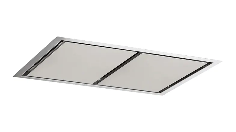 Angled view of the Schweigen 100cm Silent Ceiling Cassette Rangehood with two recessed panels Angled view of the Schweigen 100cm Silent Ceiling Cassette Rangehood with two recessed panels