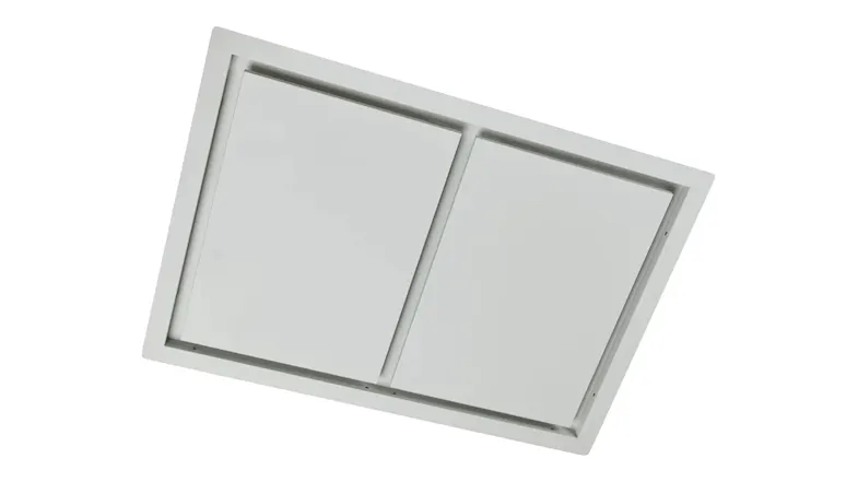 Angled view of a white ceiling rangehood featuring two side-by-side access doors Angled view of a white ceiling rangehood featuring two side-by-side access doors