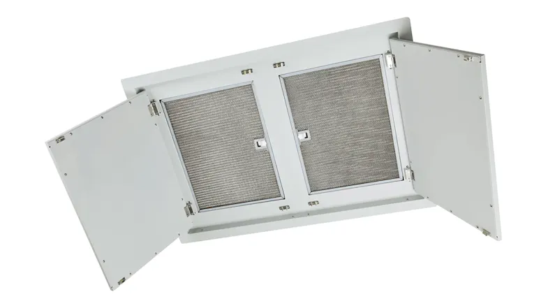 White ceiling cassette rangehood with dual mesh filters and hinged access panels open for cleaning White ceiling cassette rangehood with dual mesh filters and hinged access panels open for cleaning