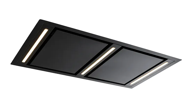 Angled view of a black 120cm silent ceiling rangehood with three LED lights Angled view of a black 120cm silent ceiling rangehood with three LED lights