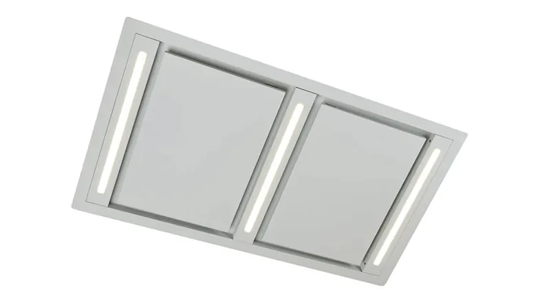 Angled view of a Schweigen 120cm ceiling rangehood unit showing two panels and slim vertical LED light strips Angled view of a Schweigen 120cm ceiling rangehood unit showing two panels and slim vertical LED light strips
