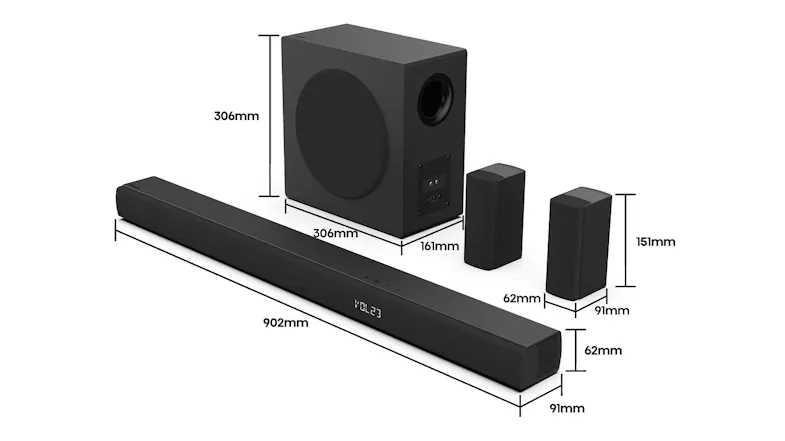 Hisens soundbar, wireless subwoofer & speakers with labelled dimensions Hisens soundbar, wireless subwoofer & speakers with labelled dimensions